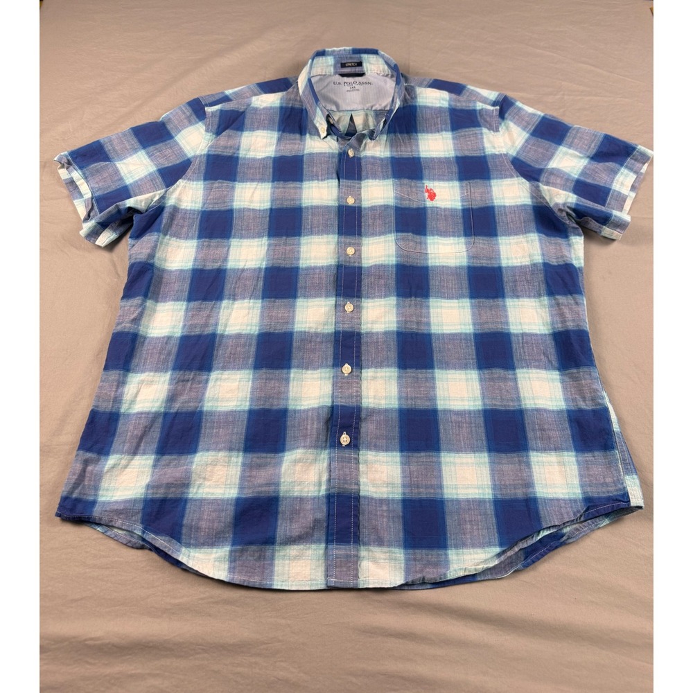 US Polo Assn Mens 2XL Blue Plaid‎ Short Sleeve Button Down Stretch Shirt 11C437